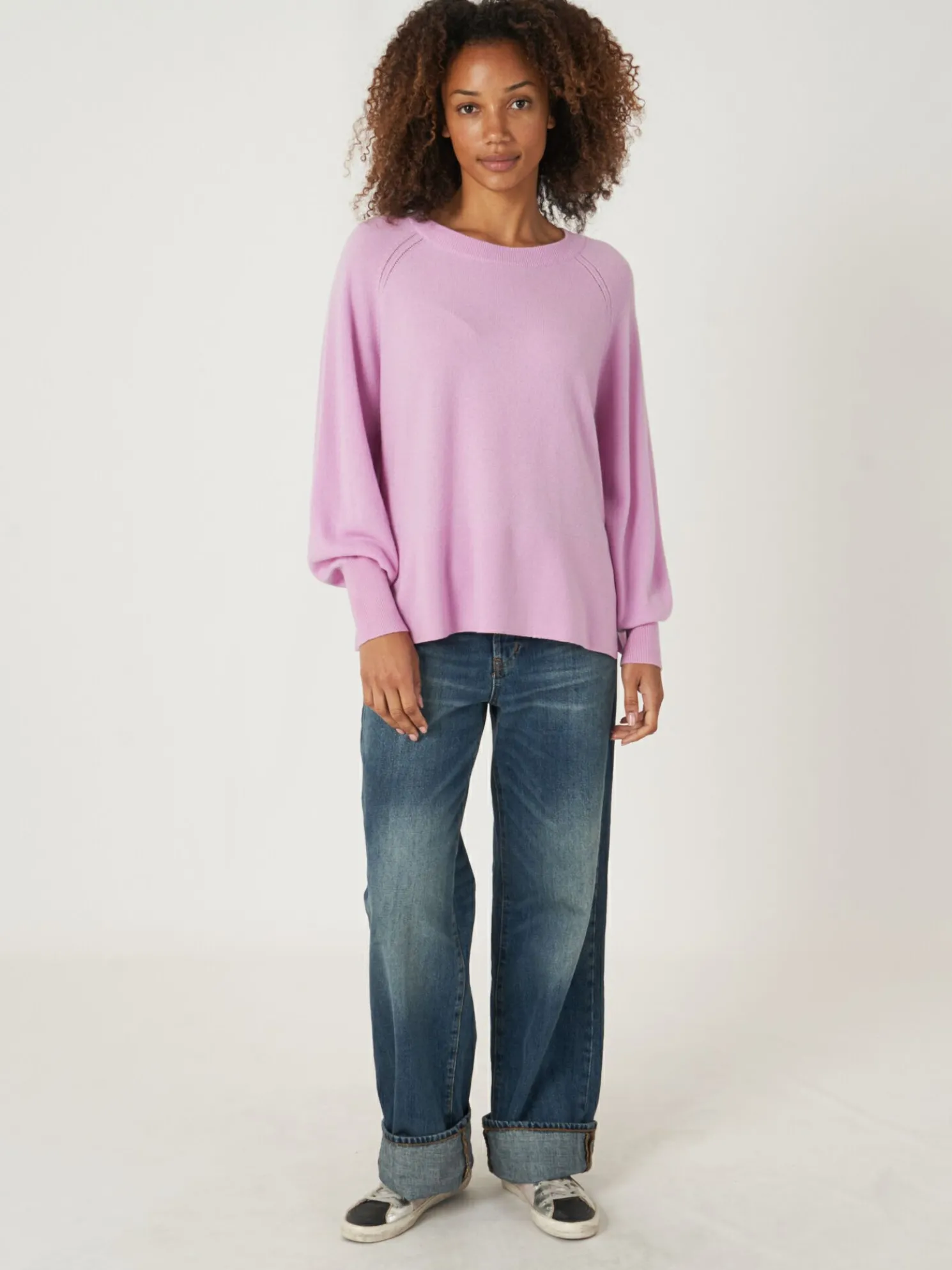 Cashmere Raglan Trui Met Hoge Ribboord En Zijsplit