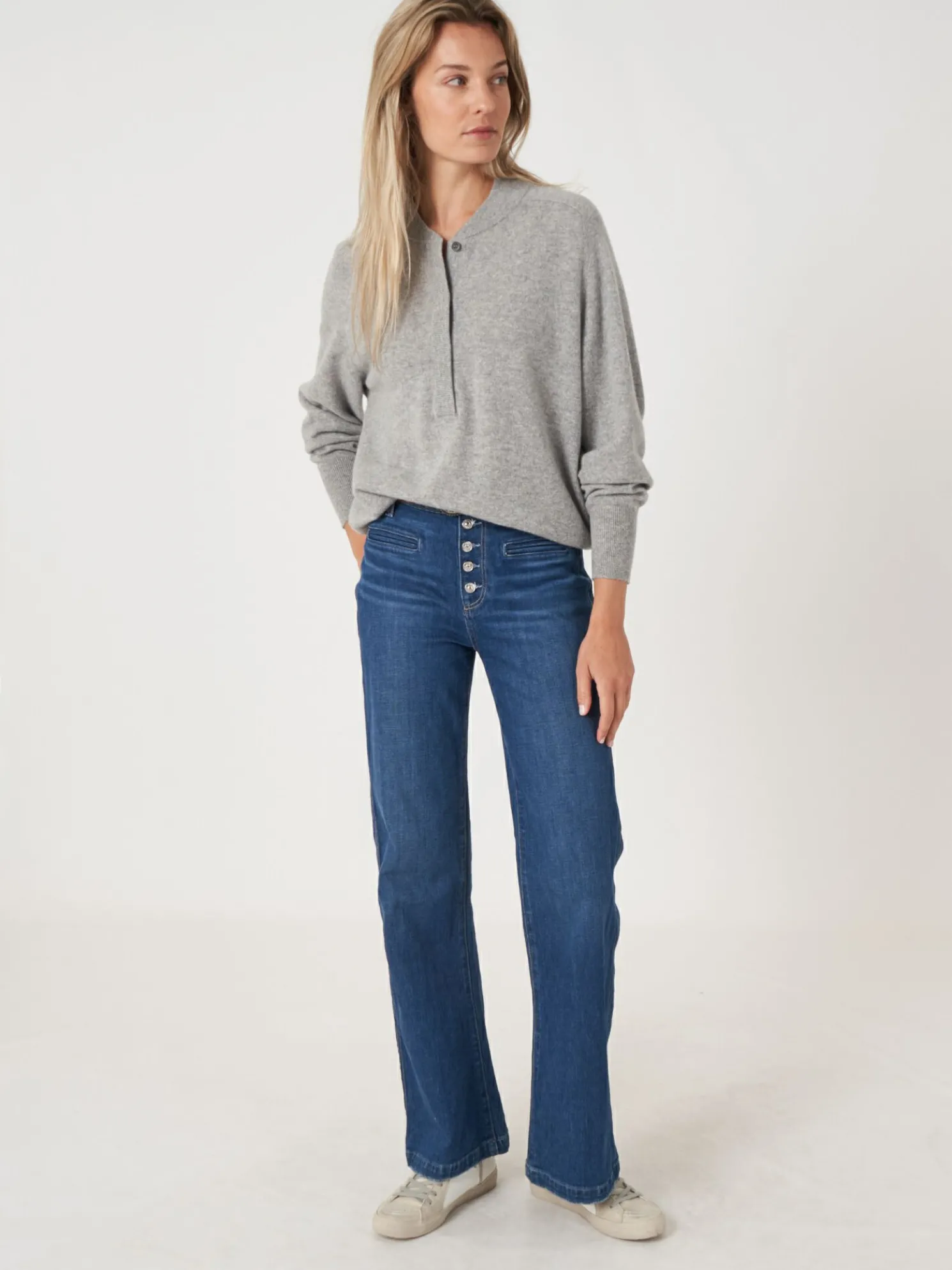 Cashmere Trui Met Baseballkraag En Halve Knoopsluiting