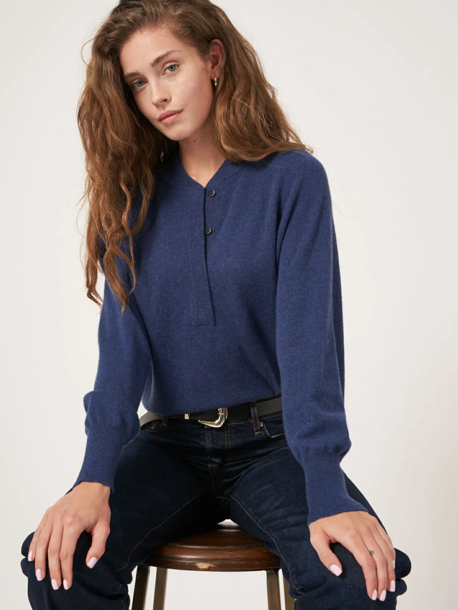 Cashmere Trui Met Baseballkraag En Halve Knoopsluiting