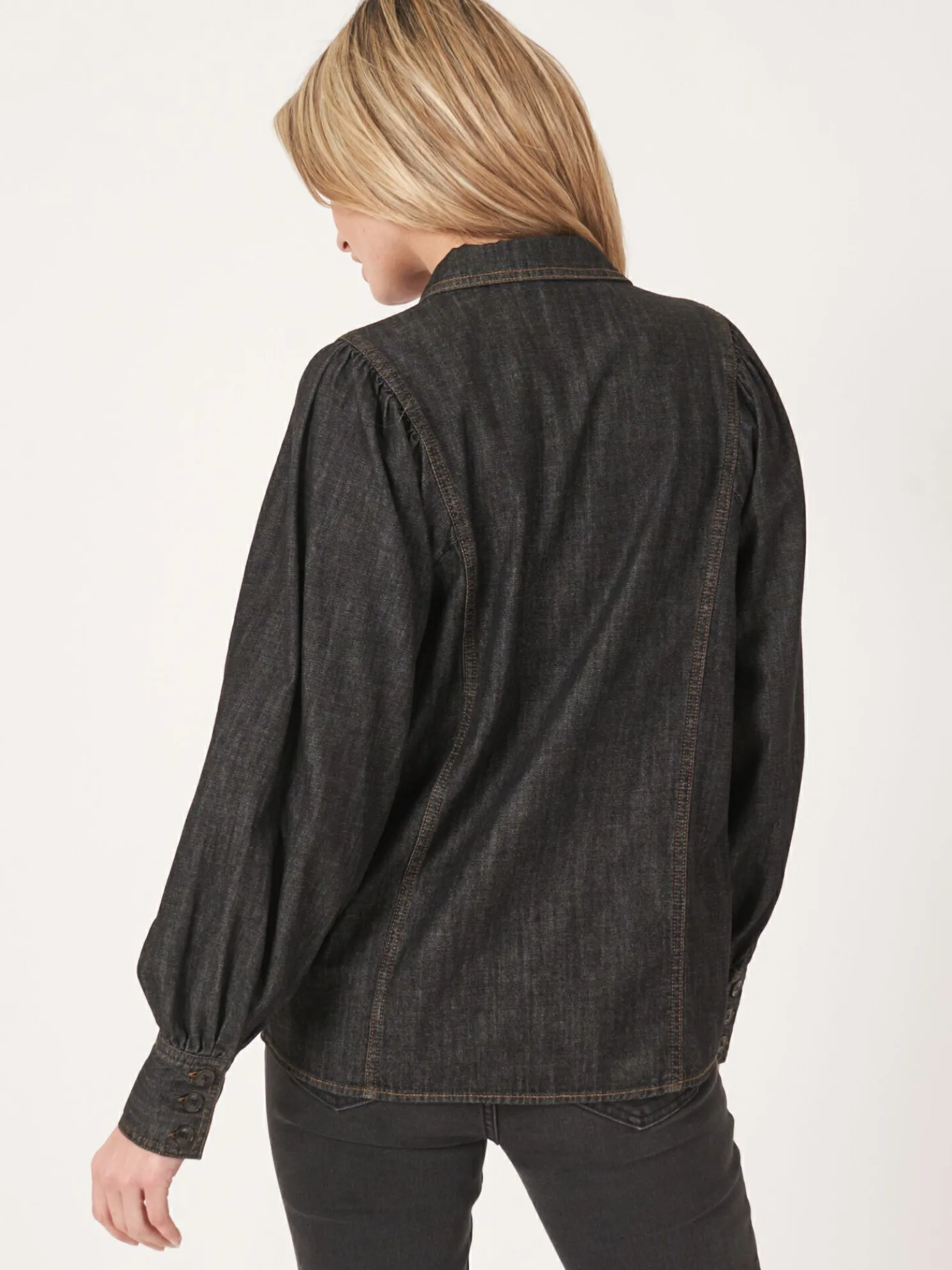 Denim Blouse Met Pofmouwen