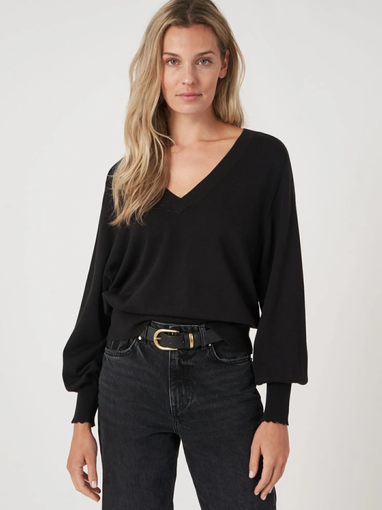 Diepe V-Hals Trui Met Zadel-Pofmouwen