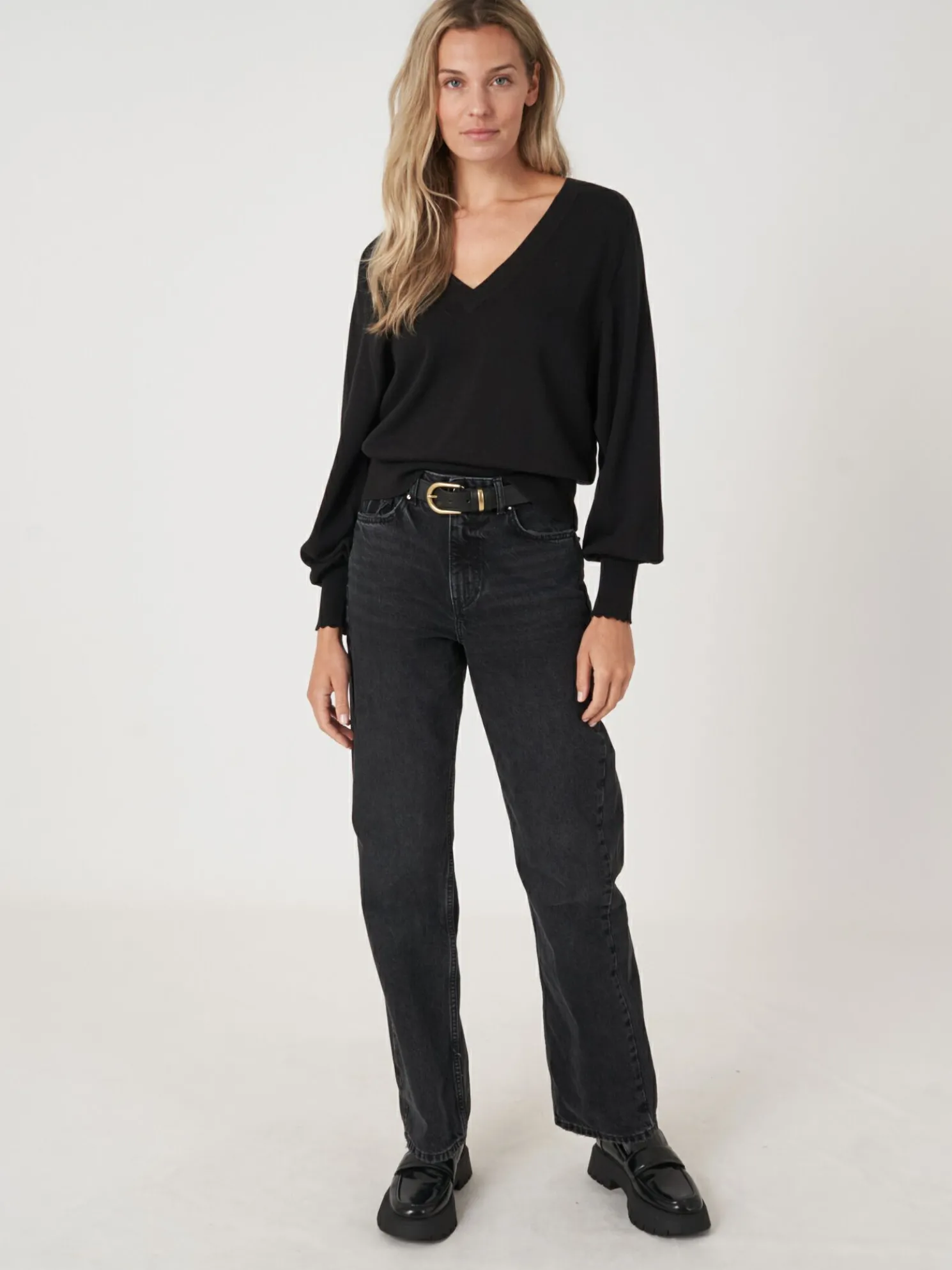 Diepe V-Hals Trui Met Zadel-Pofmouwen