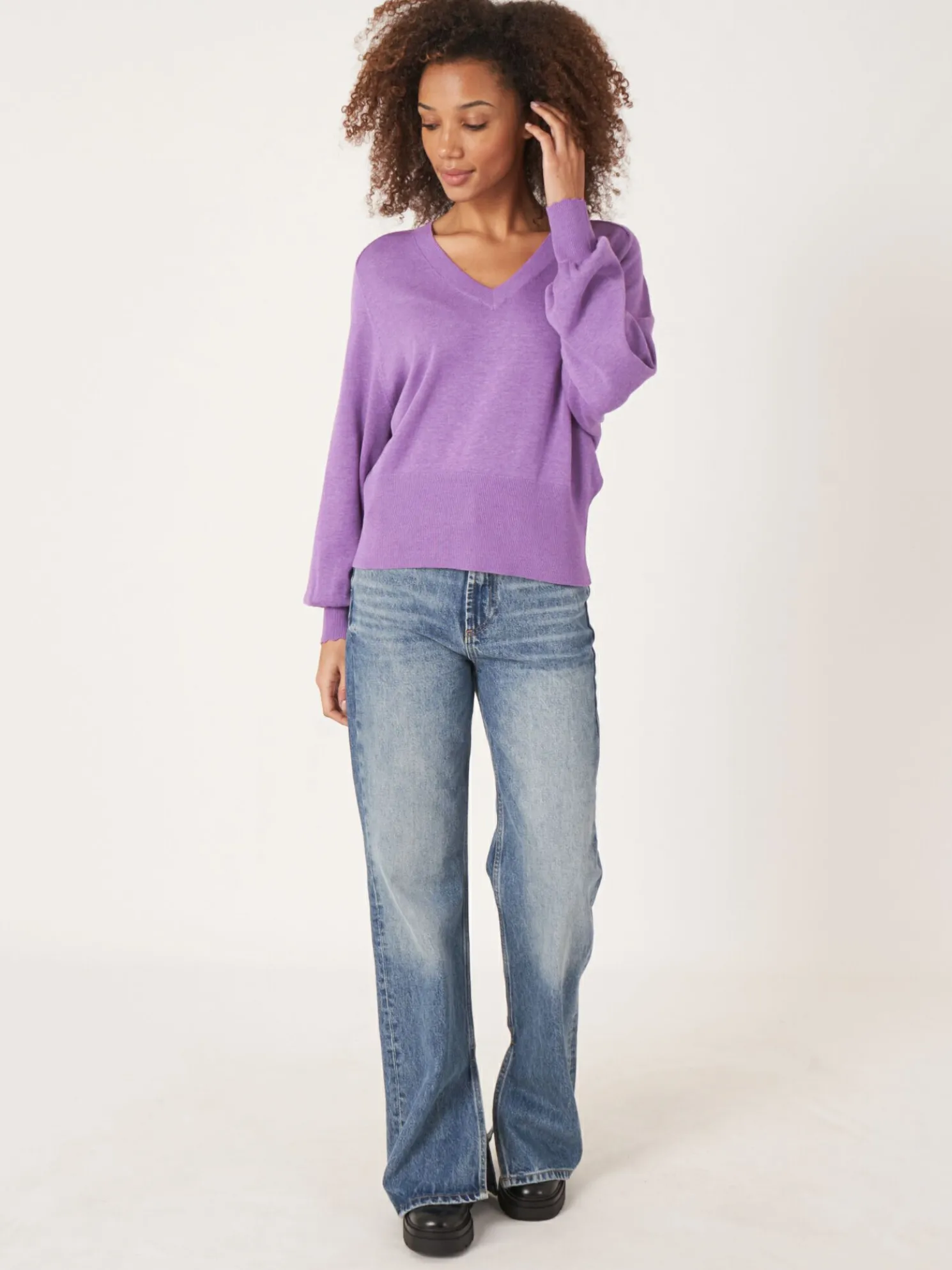 Diepe V-Hals Trui Met Zadel-Pofmouwen