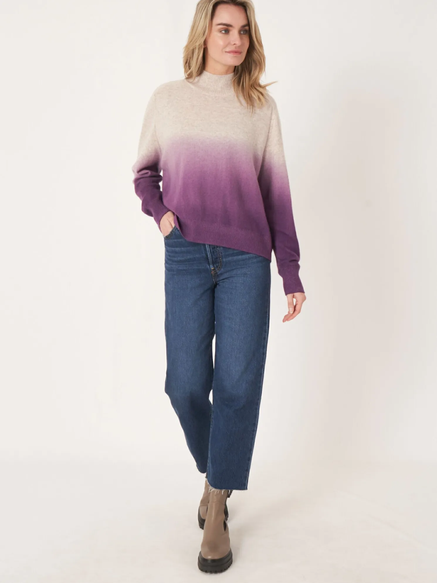 Dip Dye Cashmere Trui Met Opstaande Kraag