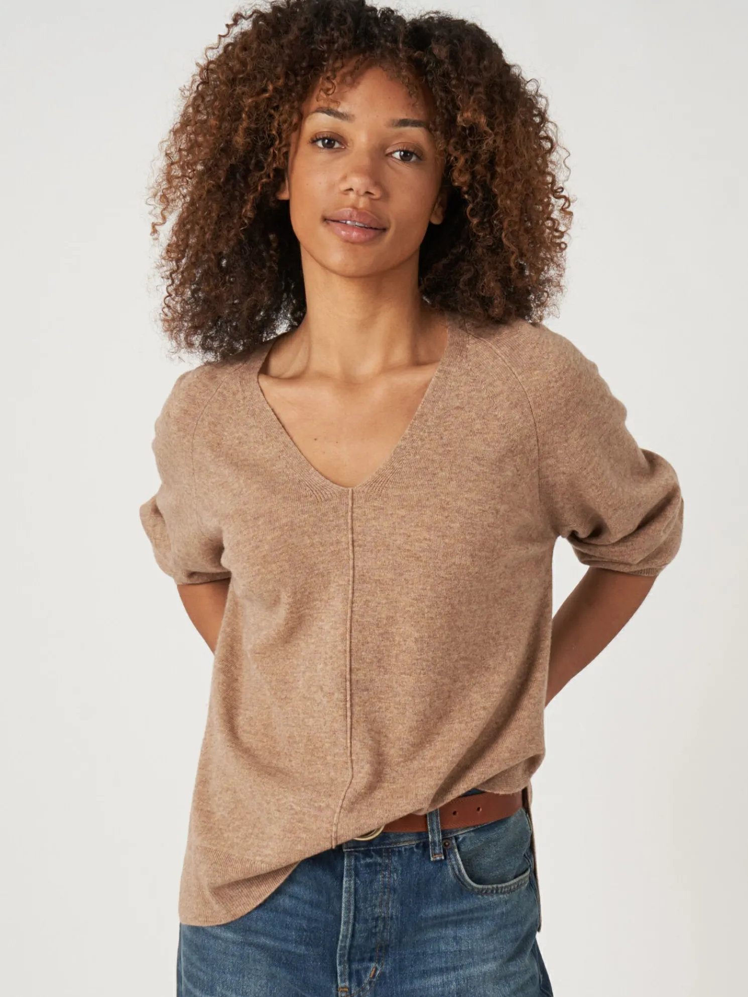 Fijn Gebreide V-Hals Trui Met Zijsplitten