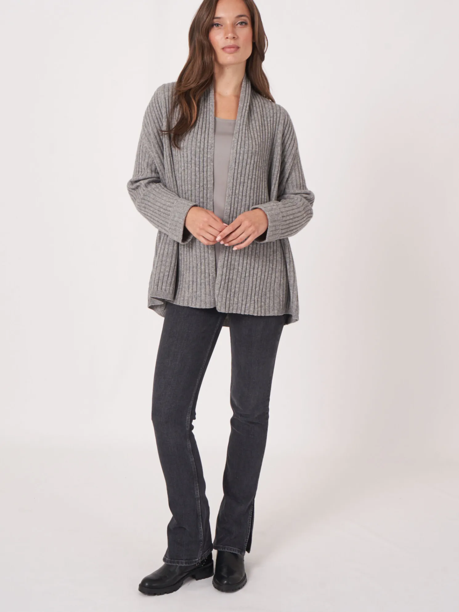 Geribd Open Vest Met Sjaalkraag En 3/4 Mouwen Met Omslag