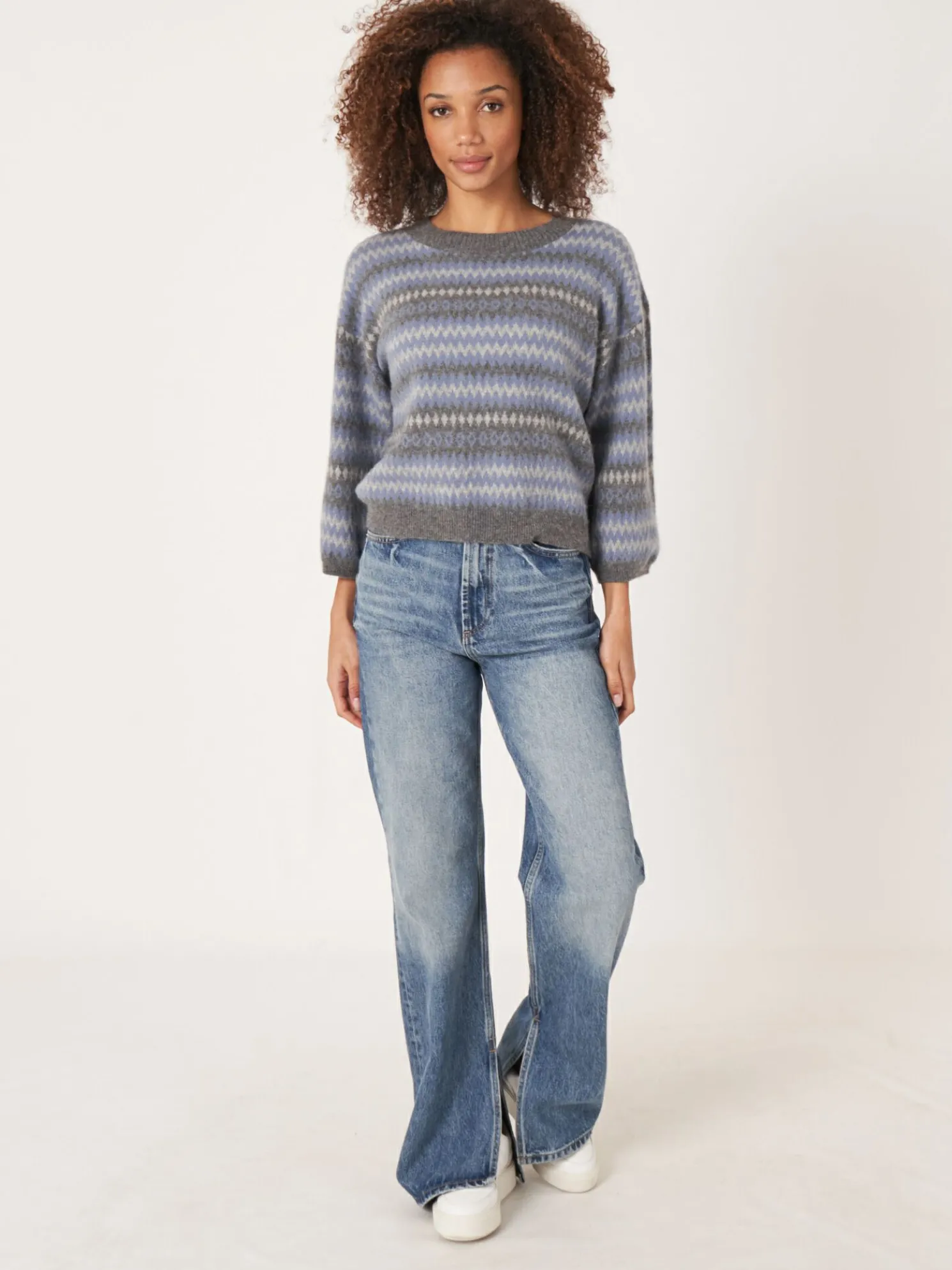 Intarsia Trui Met Strepen En 3/4 Mouwen