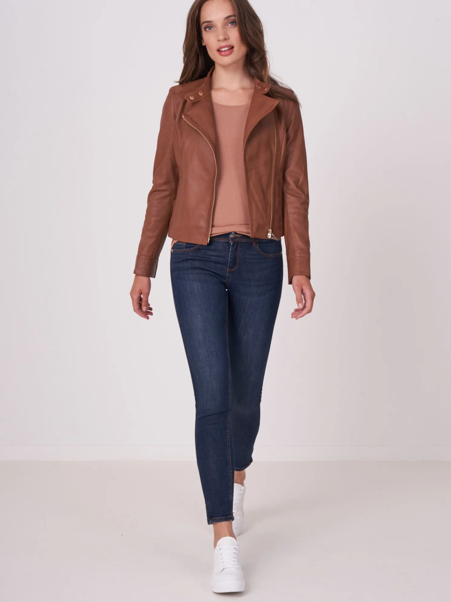 Leren Bikerjack Getailleerd