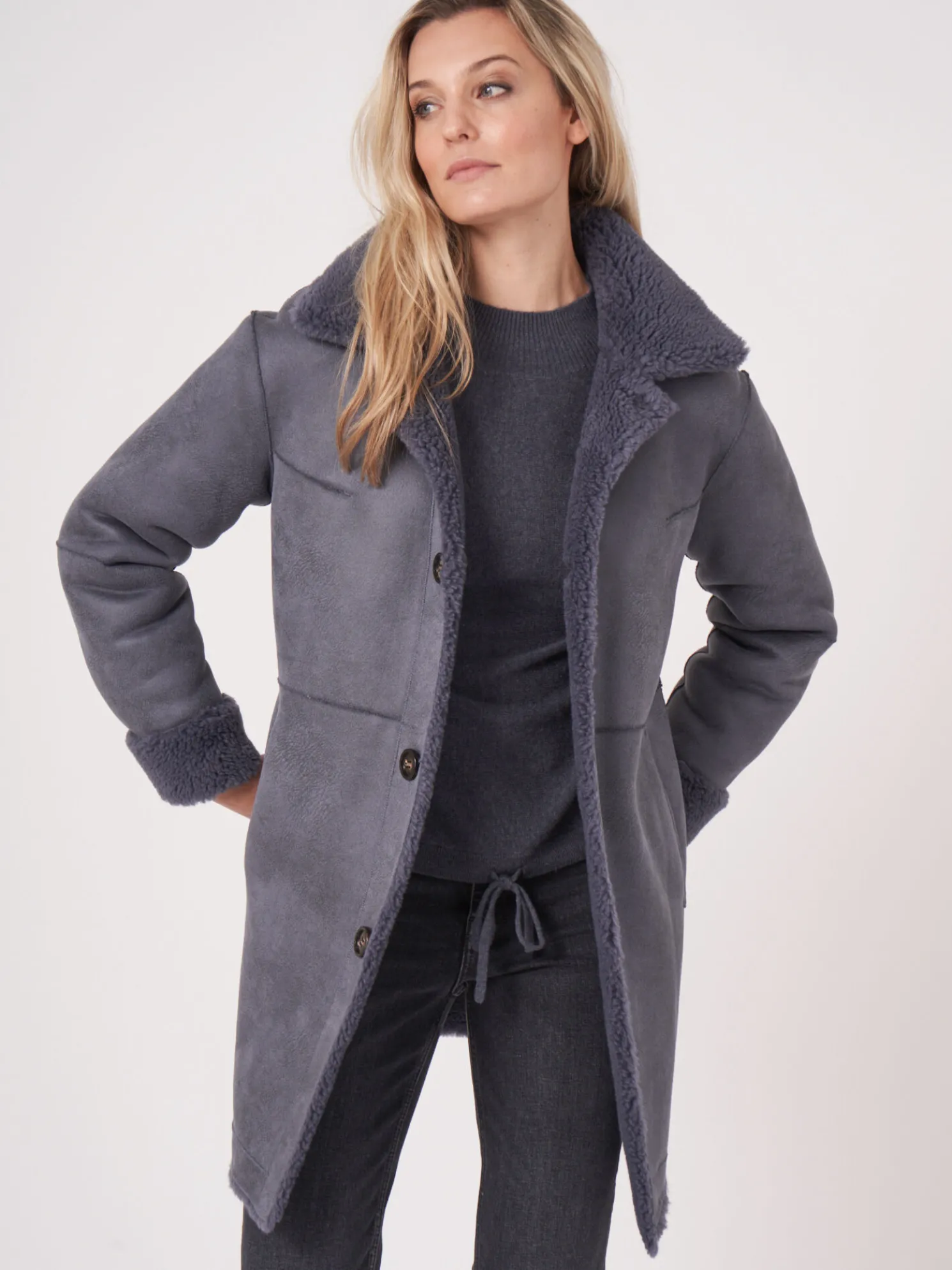 Omkeerbare Wollen Faux Shearling Jas