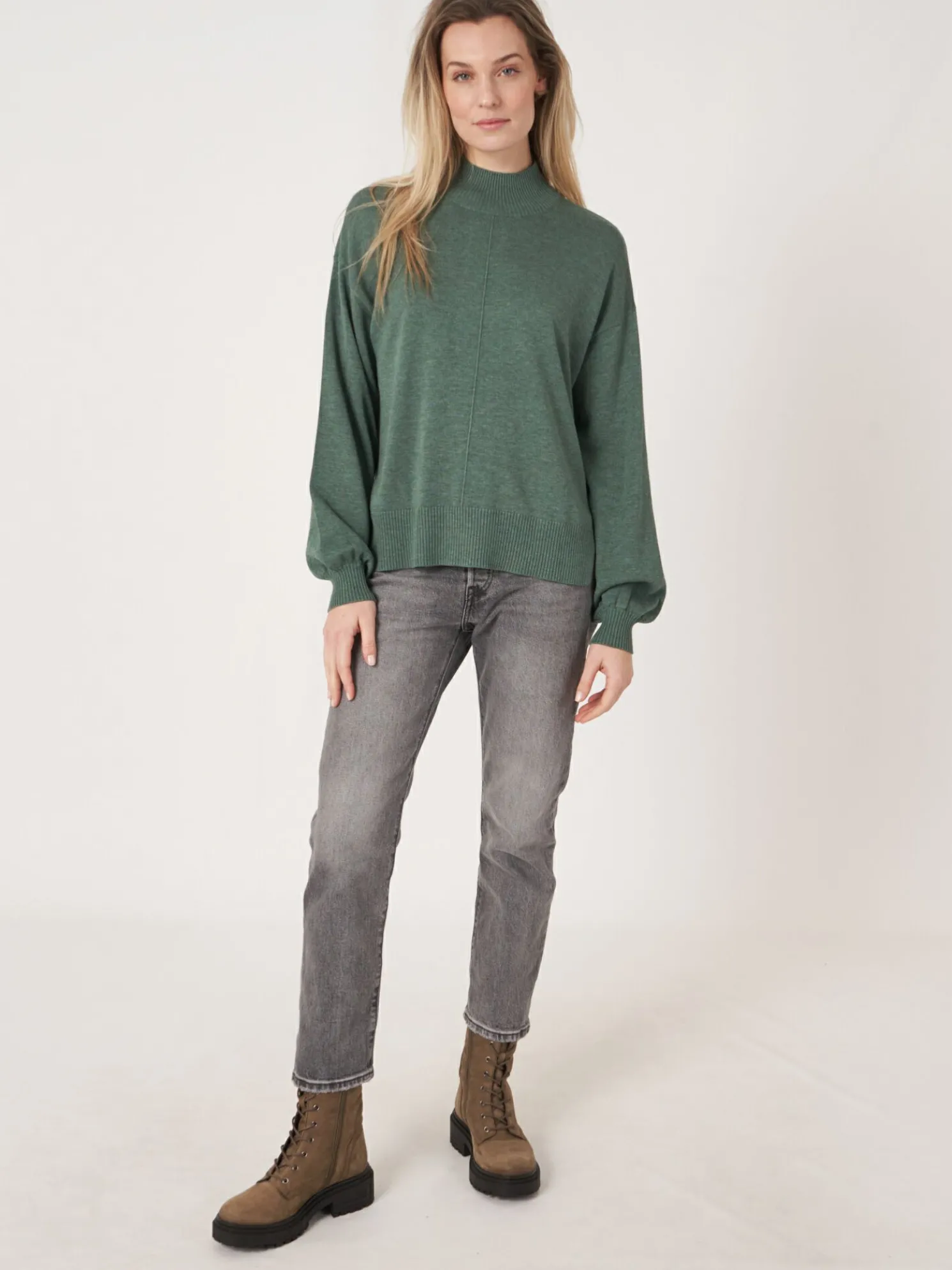 Trui Met Hoge Hals En Pofmouwen Van Katoen-Mix