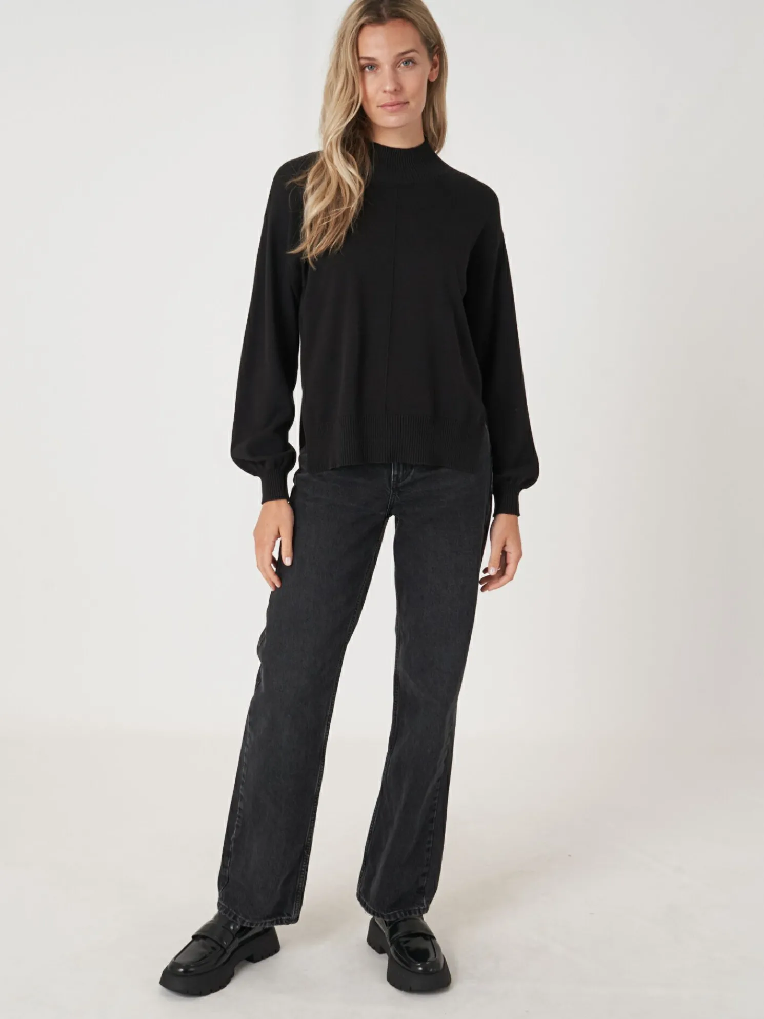 Trui Met Hoge Hals En Pofmouwen Van Katoen-Mix