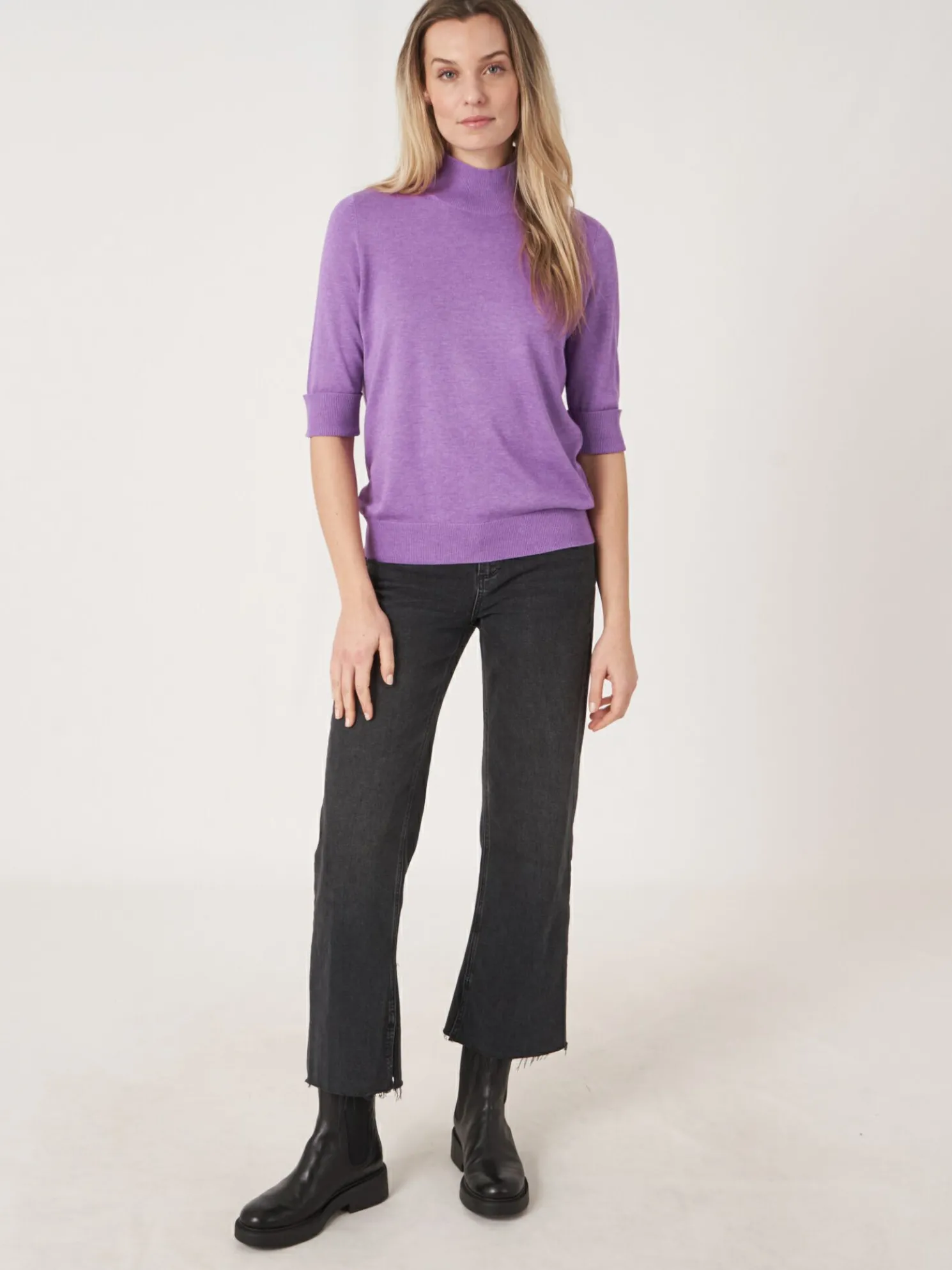 Trui Met Korte Mouwen En Opstaande Kraag Van Katoen-Mix